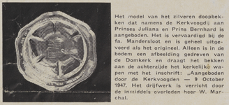 300409 Afbeelding van het zilveren doopbekken dat gebruikt is bij de doopplechtigheid van Prinses Marijke in de Domkerk ...